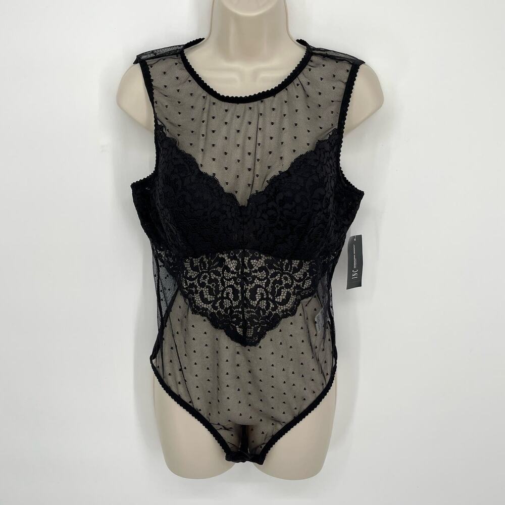 INC Women's NEW Lacy Sheer Cupped Swiss Dot Thong Bodysuit Size L Black